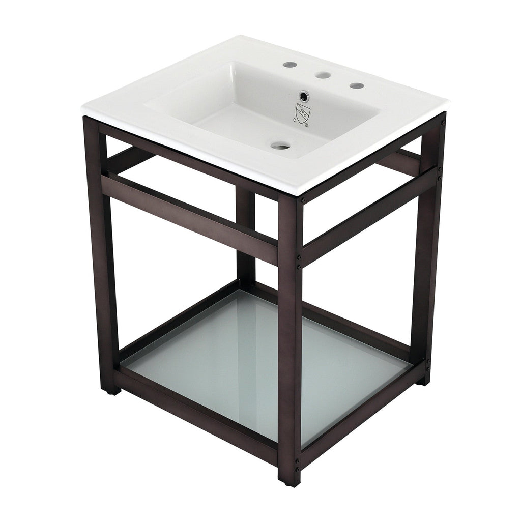 Quadras 25-Inch Ceramic Console Sink with Steel Base and Glass Shelf (8-Inch, 3-Hole)