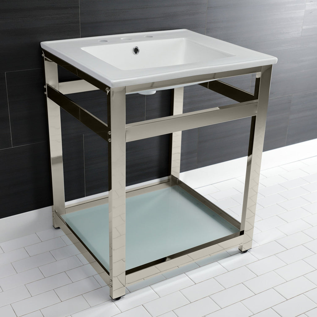 Quadras 25-Inch Ceramic Console Sink with Steel Base and Glass Shelf (8-Inch, 3-Hole)