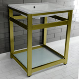 Quadras 25-Inch Ceramic Console Sink with Steel Base and Glass Shelf (8-Inch, 3-Hole)