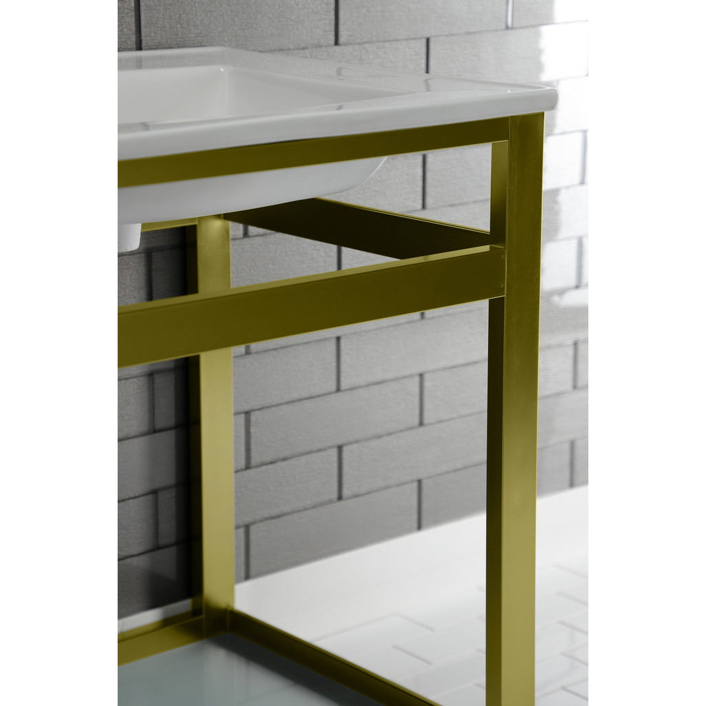 Quadras 25-Inch Ceramic Console Sink with Steel Base and Glass Shelf (8-Inch, 3-Hole)