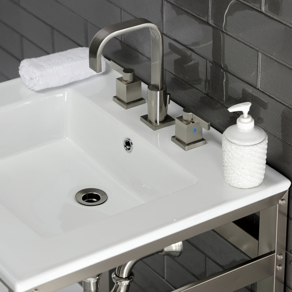 Quadras 25-Inch Ceramic Console Sink with Steel Base and Glass Shelf (8-Inch, 3-Hole)