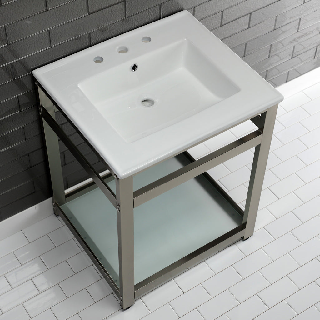 Quadras 25-Inch Ceramic Console Sink with Steel Base and Glass Shelf (8-Inch, 3-Hole)