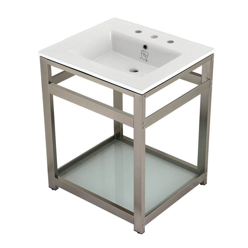 Quadras 25-Inch Ceramic Console Sink with Steel Base and Glass Shelf (8-Inch, 3-Hole)