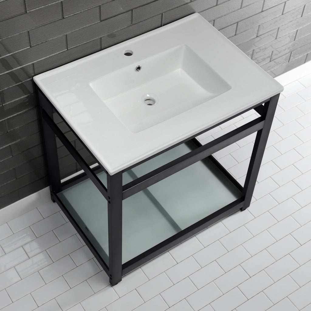 Quadras 31-Inch Ceramic Console Sink with Steel Base and Glass Shelf (1-Hole)