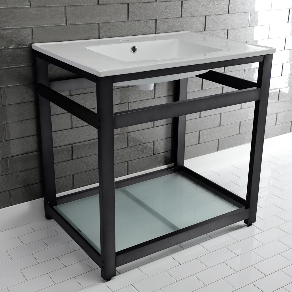 Quadras 31-Inch Ceramic Console Sink with Steel Base and Glass Shelf (1-Hole)
