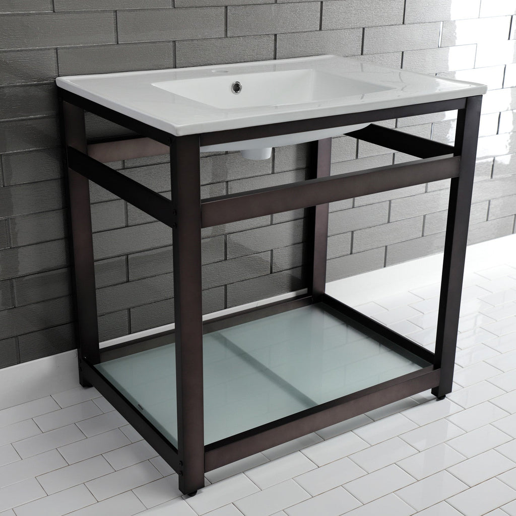 Quadras 31-Inch Ceramic Console Sink with Steel Base and Glass Shelf (1-Hole)