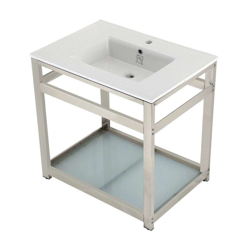 Quadras 31-Inch Ceramic Console Sink with Steel Base and Glass Shelf (1-Hole)