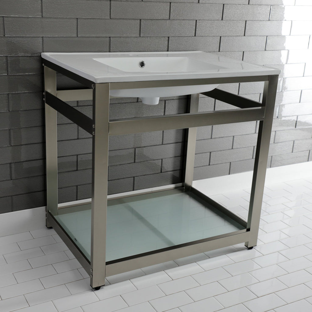 Quadras 31-Inch Ceramic Console Sink with Steel Base and Glass Shelf (1-Hole)