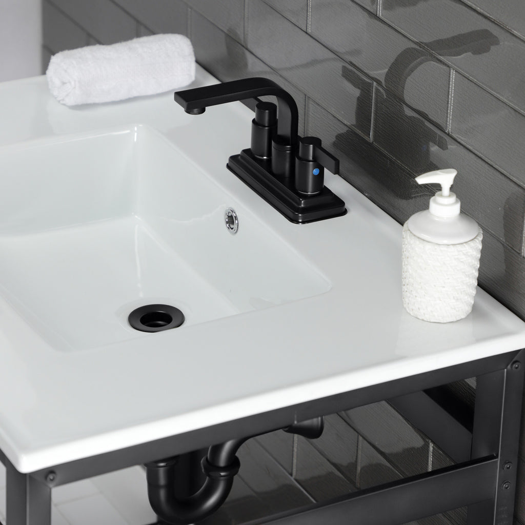 Quadras 31-Inch Ceramic Console Sink with Steel Base and Shelf (4-Inch, 3-Hole)