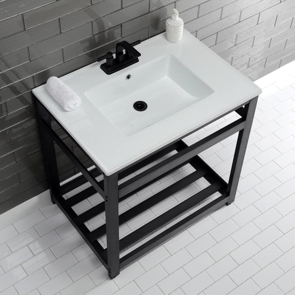 Quadras 31-Inch Ceramic Console Sink with Steel Base and Shelf (4-Inch, 3-Hole)