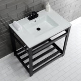 Quadras 31-Inch Ceramic Console Sink with Steel Base and Shelf (4-Inch, 3-Hole)