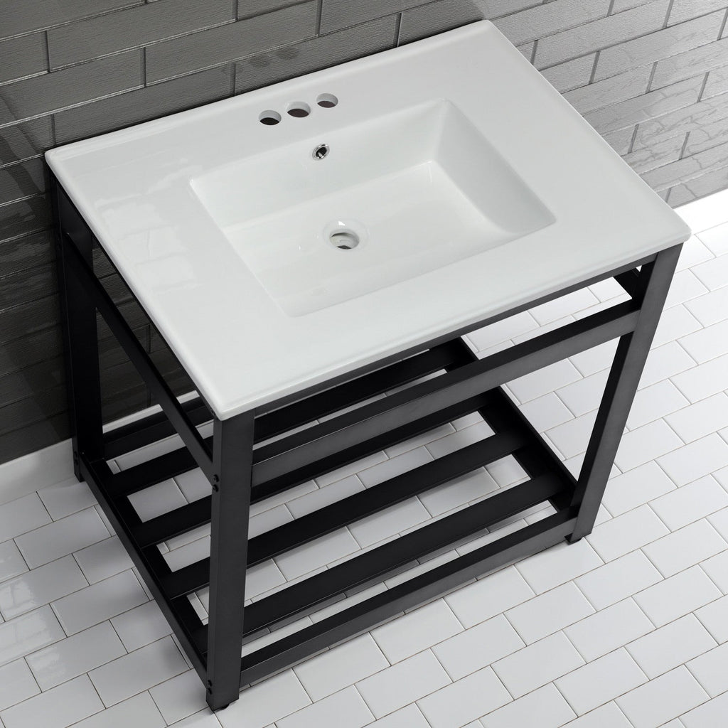 Quadras 31-Inch Ceramic Console Sink with Steel Base and Shelf (4-Inch, 3-Hole)