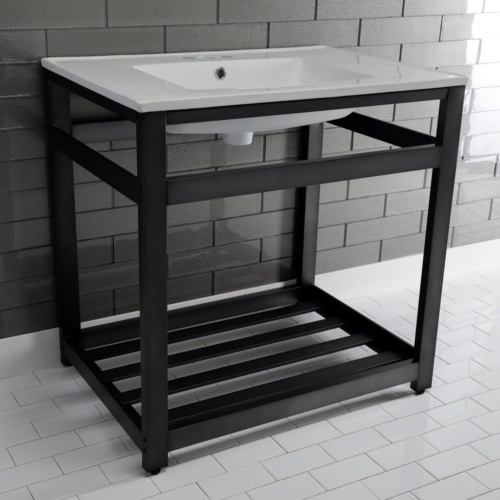 Quadras 31-Inch Ceramic Console Sink with Steel Base and Shelf (4-Inch, 3-Hole)