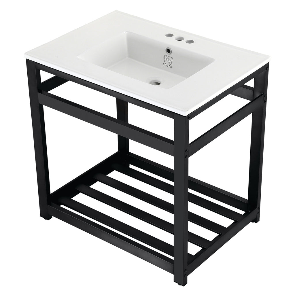 Quadras 31-Inch Ceramic Console Sink with Steel Base and Shelf (4-Inch, 3-Hole)