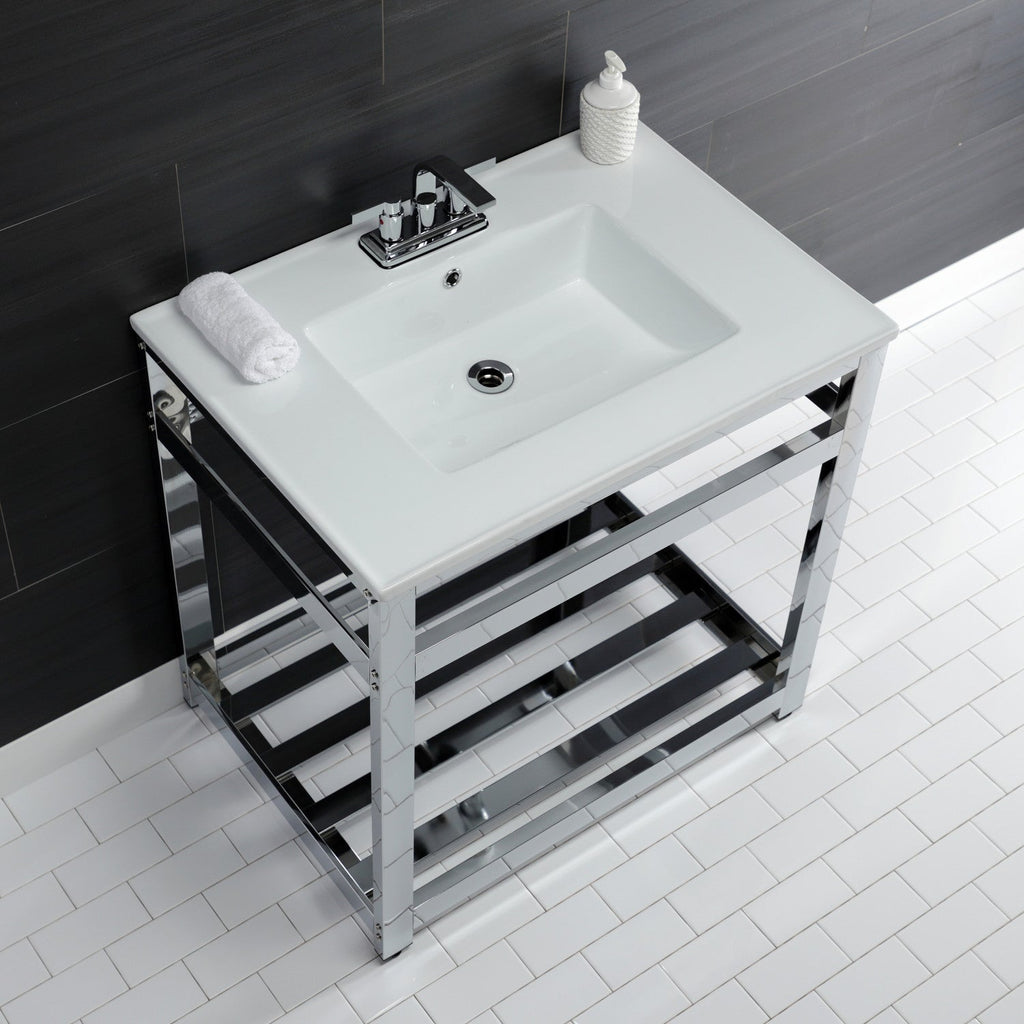 Quadras 31-Inch Ceramic Console Sink with Steel Base and Shelf (4-Inch, 3-Hole)