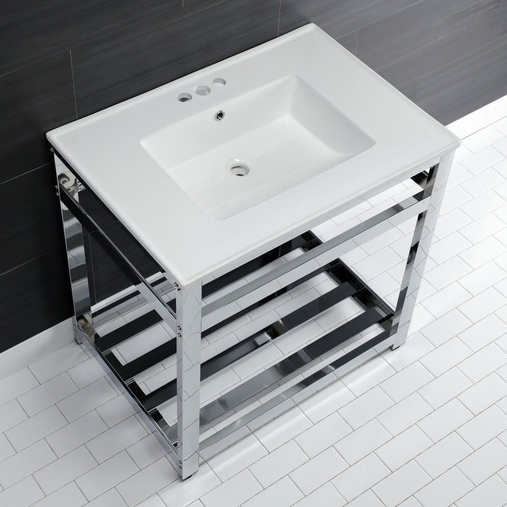 Quadras 31-Inch Ceramic Console Sink with Steel Base and Shelf (4-Inch, 3-Hole)