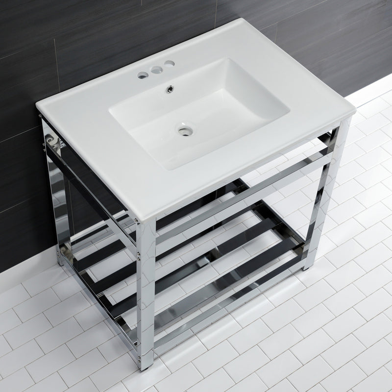 Quadras 31-Inch Ceramic Console Sink with Steel Base and Shelf (4-Inch, 3-Hole)