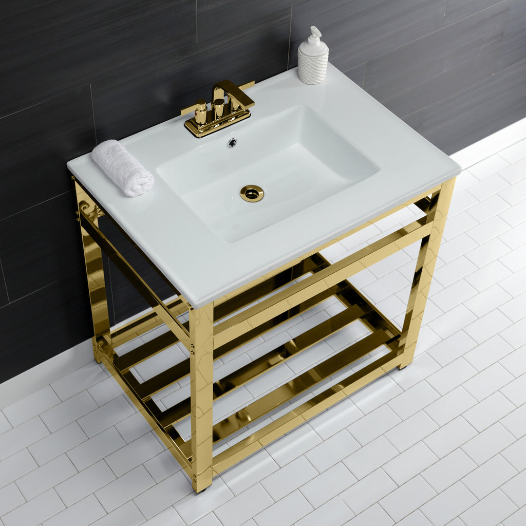Quadras 31-Inch Ceramic Console Sink with Steel Base and Shelf (4-Inch, 3-Hole)