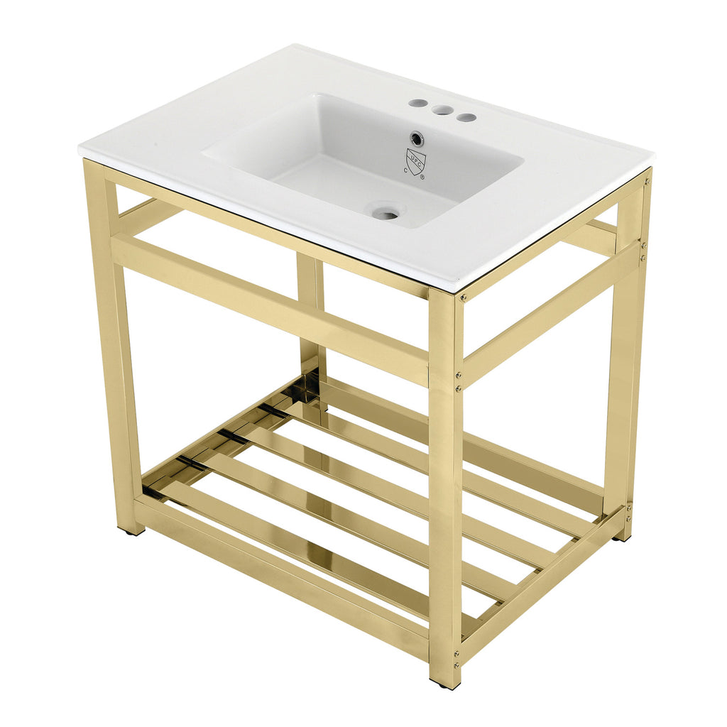 Quadras 31-Inch Ceramic Console Sink with Steel Base and Shelf (4-Inch, 3-Hole)