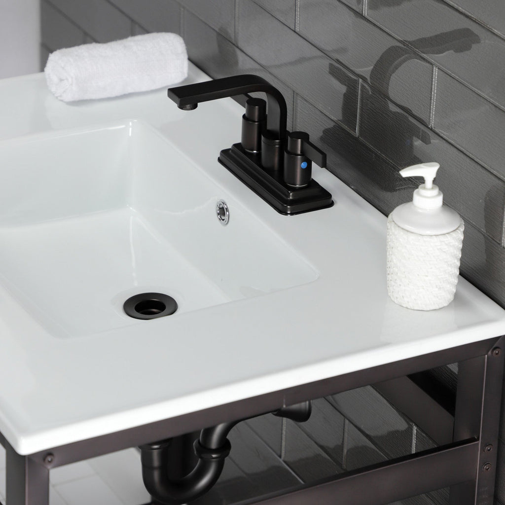 Quadras 31-Inch Ceramic Console Sink with Steel Base and Shelf (4-Inch, 3-Hole)