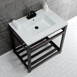 Quadras 31-Inch Ceramic Console Sink with Steel Base and Shelf (4-Inch, 3-Hole)