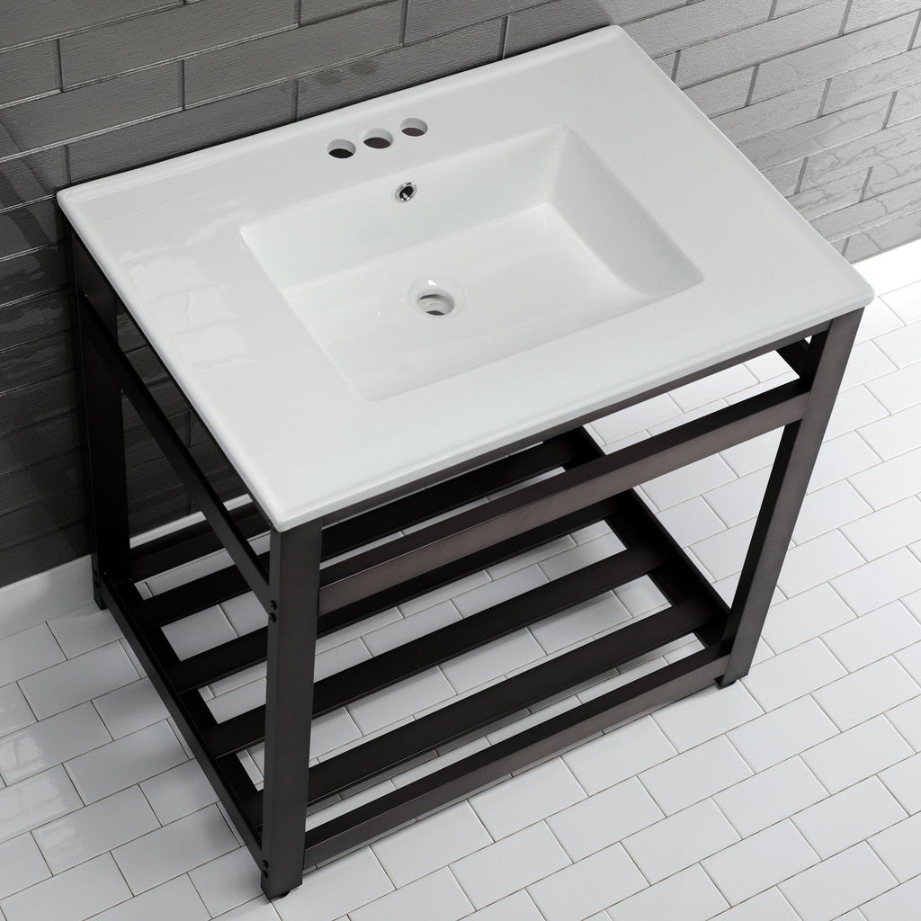 Quadras 31-Inch Ceramic Console Sink with Steel Base and Shelf (4-Inch, 3-Hole)