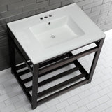 Quadras 31-Inch Ceramic Console Sink with Steel Base and Shelf (4-Inch, 3-Hole)