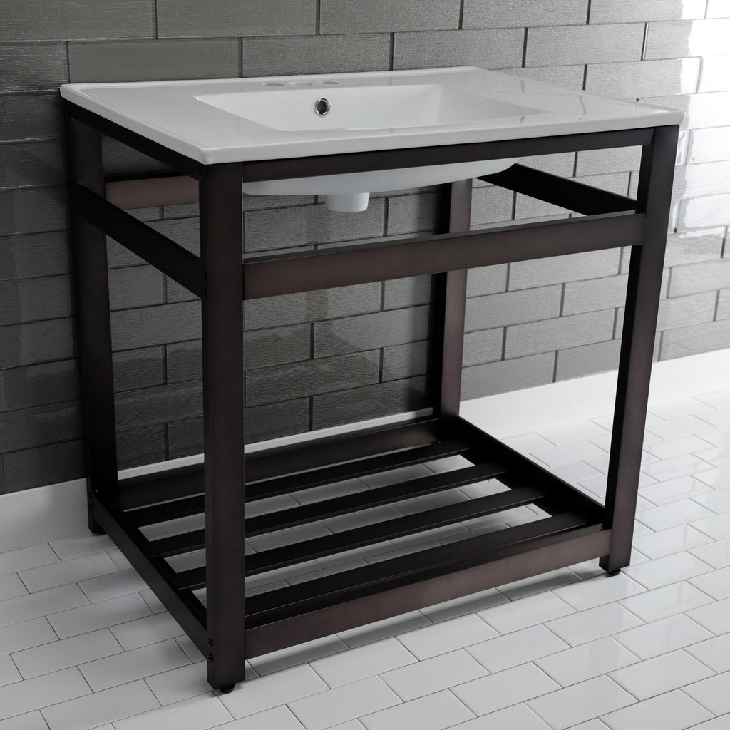 Quadras 31-Inch Ceramic Console Sink with Steel Base and Shelf (4-Inch, 3-Hole)