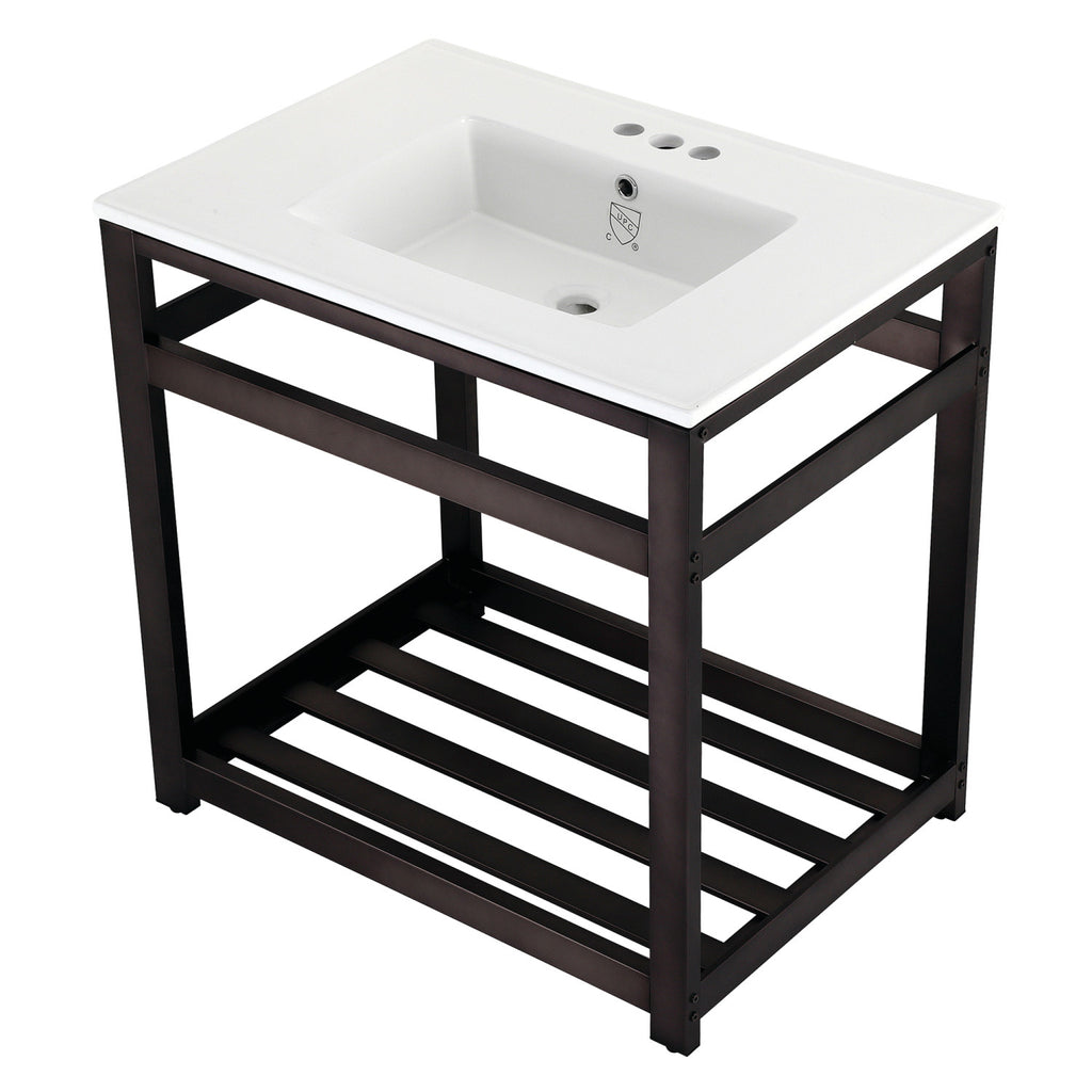 Quadras 31-Inch Ceramic Console Sink with Steel Base and Shelf (4-Inch, 3-Hole)