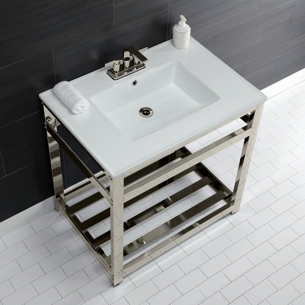 Quadras 31-Inch Ceramic Console Sink with Steel Base and Shelf (4-Inch, 3-Hole)