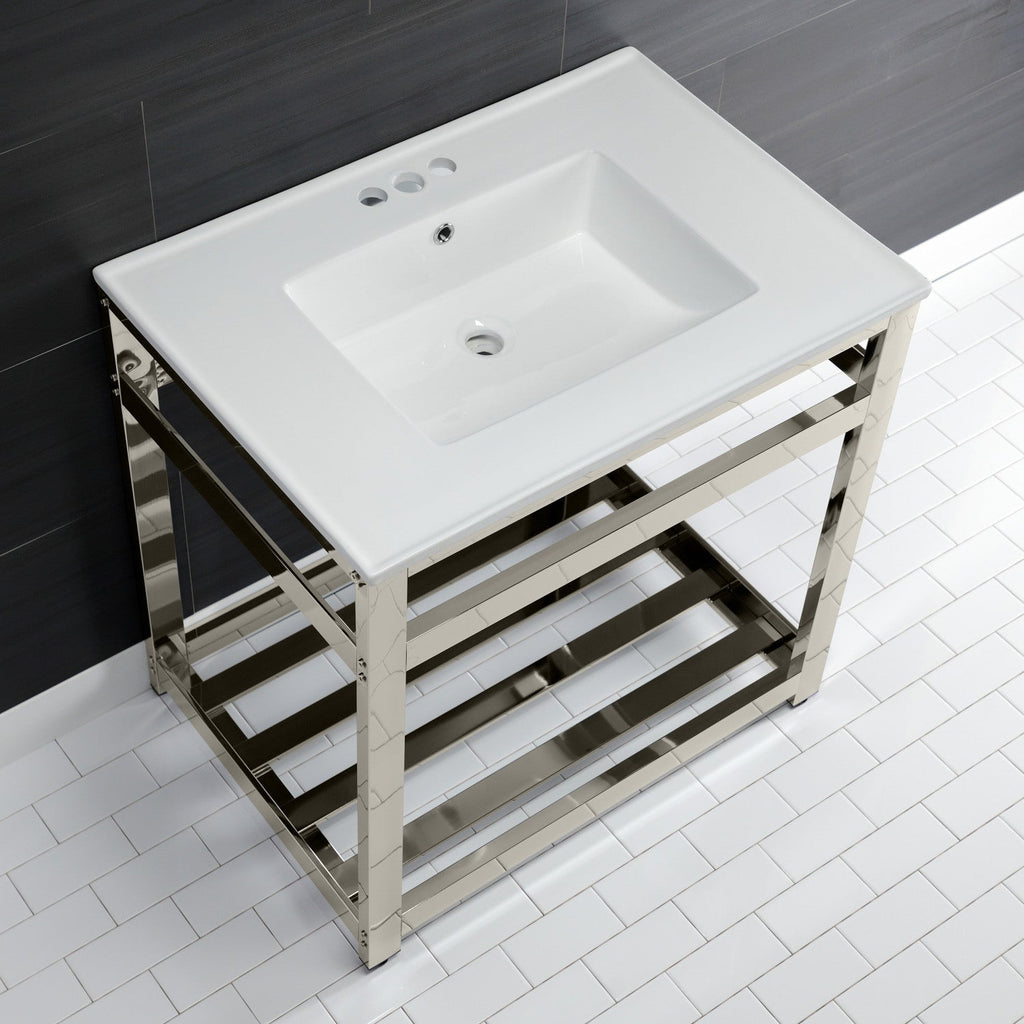 Quadras 31-Inch Ceramic Console Sink with Steel Base and Shelf (4-Inch, 3-Hole)