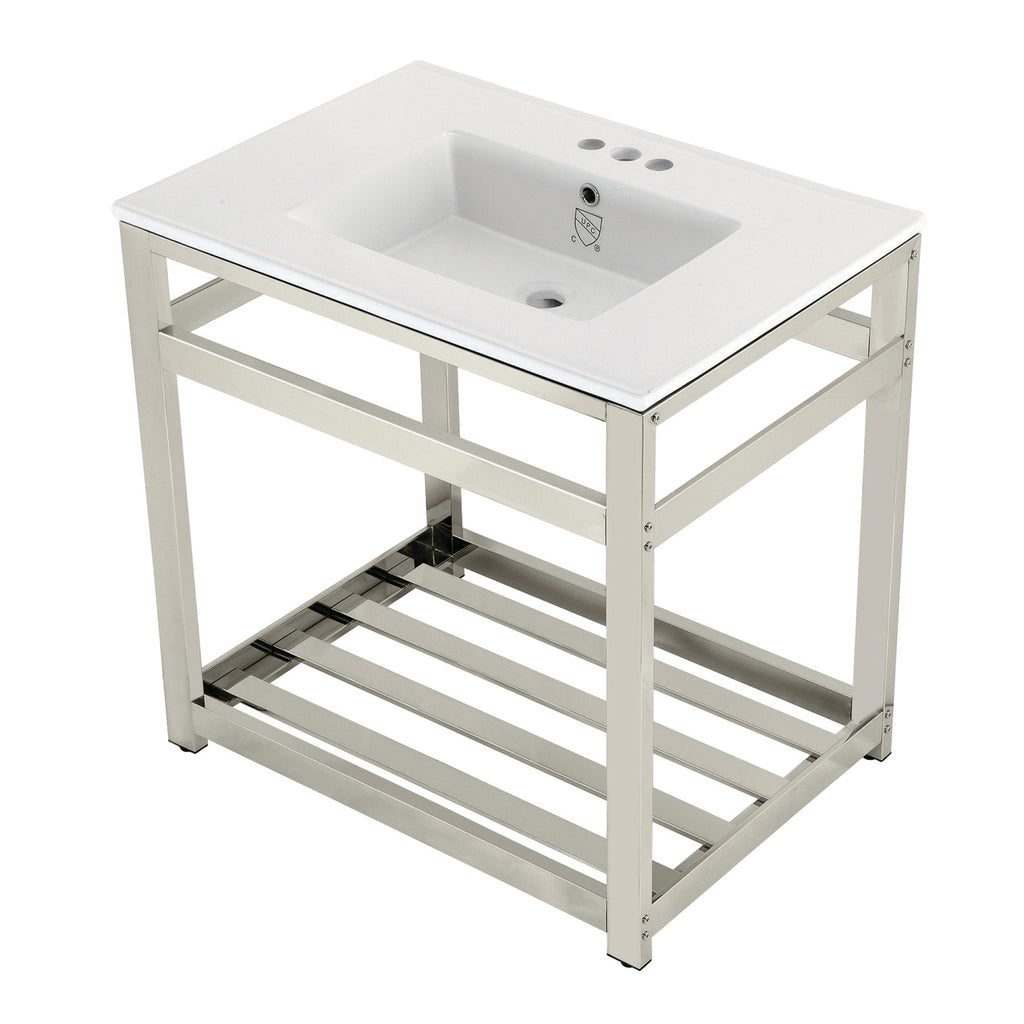 Quadras 31-Inch Ceramic Console Sink with Steel Base and Shelf (4-Inch, 3-Hole)