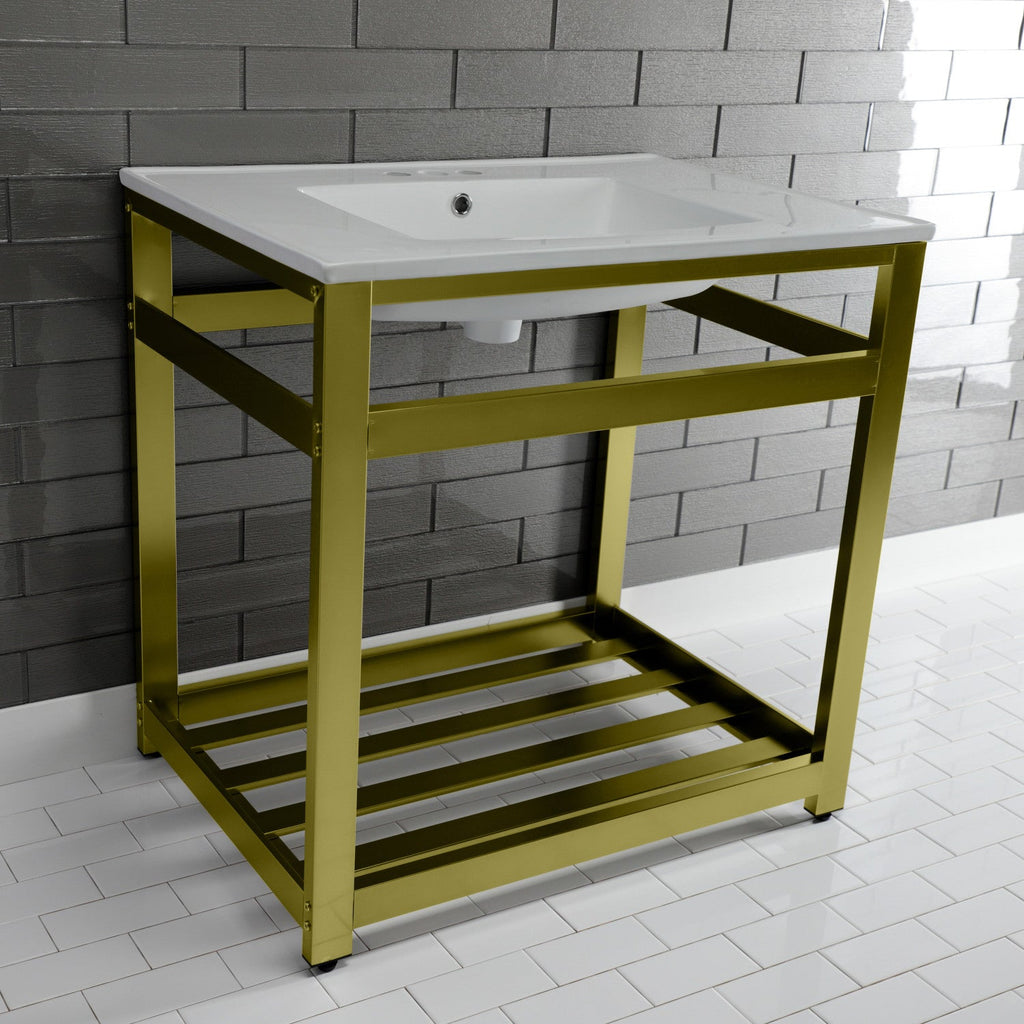 Quadras 31-Inch Ceramic Console Sink with Steel Base and Shelf (4-Inch, 3-Hole)