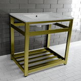 Quadras 31-Inch Ceramic Console Sink with Steel Base and Shelf (4-Inch, 3-Hole)