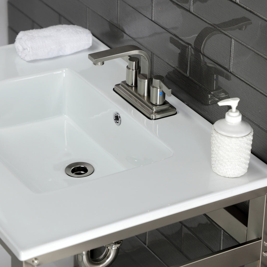 Quadras 31-Inch Ceramic Console Sink with Steel Base and Shelf (4-Inch, 3-Hole)