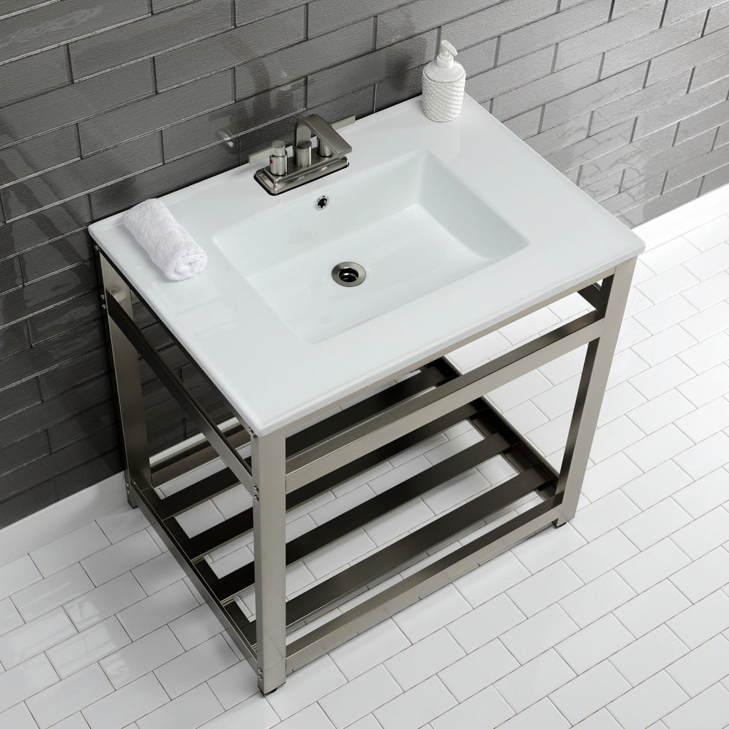 Quadras 31-Inch Ceramic Console Sink with Steel Base and Shelf (4-Inch, 3-Hole)