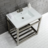 Quadras 31-Inch Ceramic Console Sink with Steel Base and Shelf (4-Inch, 3-Hole)