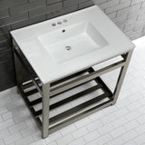 Quadras 31-Inch Ceramic Console Sink with Steel Base and Shelf (4-Inch, 3-Hole)