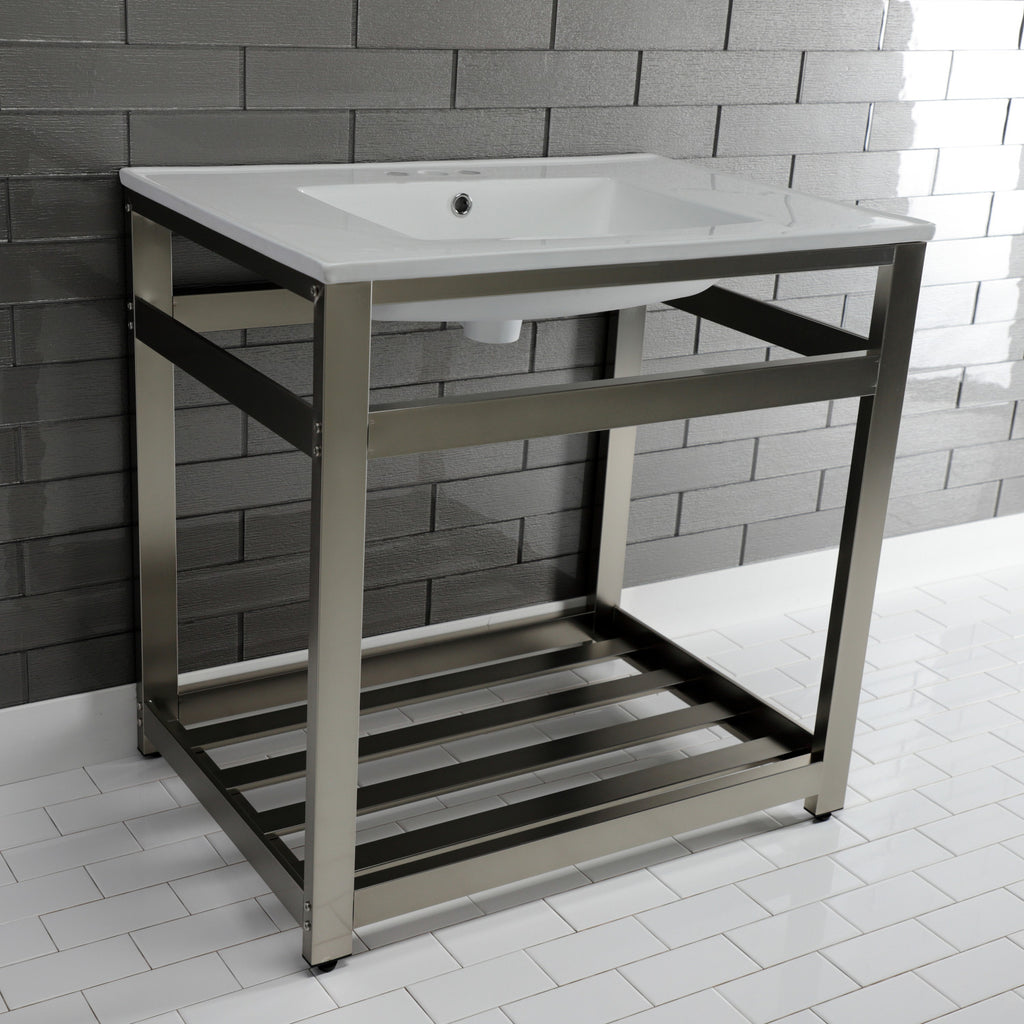 Quadras 31-Inch Ceramic Console Sink with Steel Base and Shelf (4-Inch, 3-Hole)