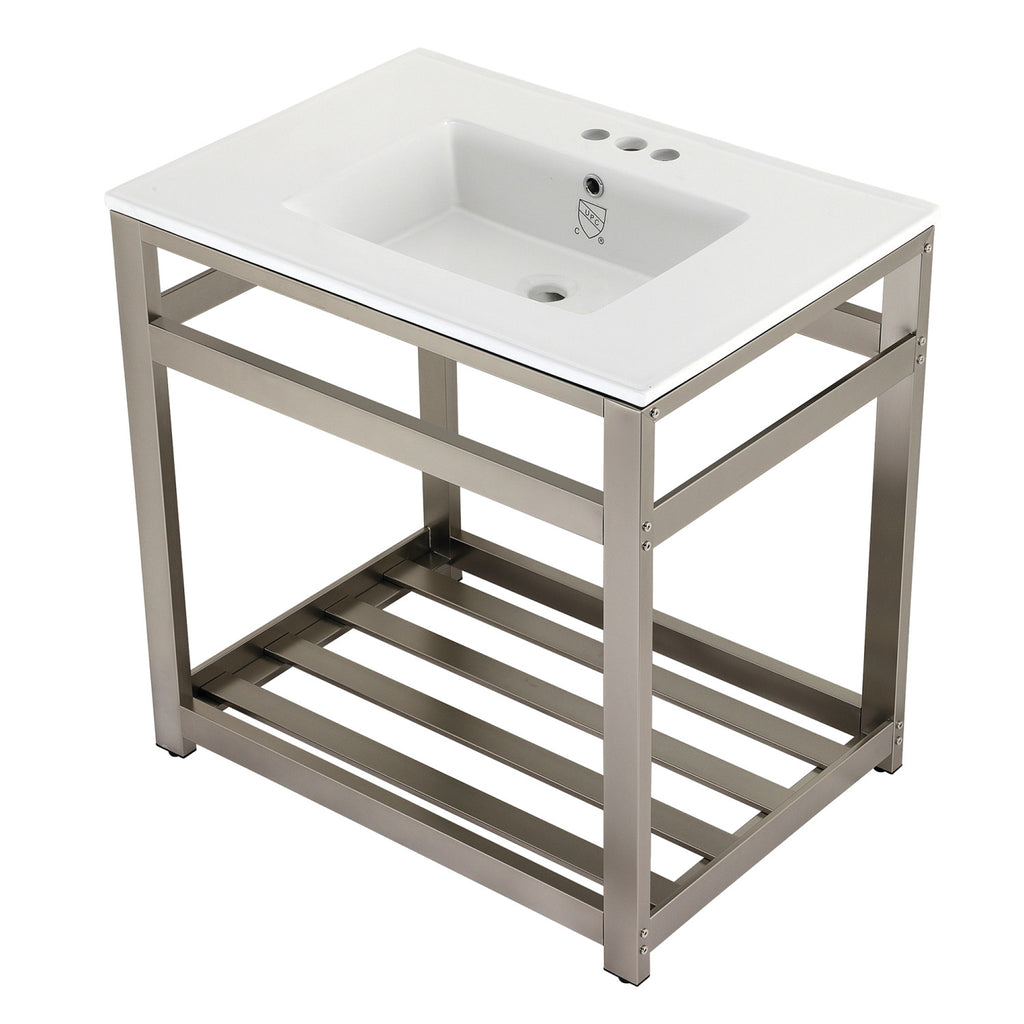 Quadras 31-Inch Ceramic Console Sink with Steel Base and Shelf (4-Inch, 3-Hole)