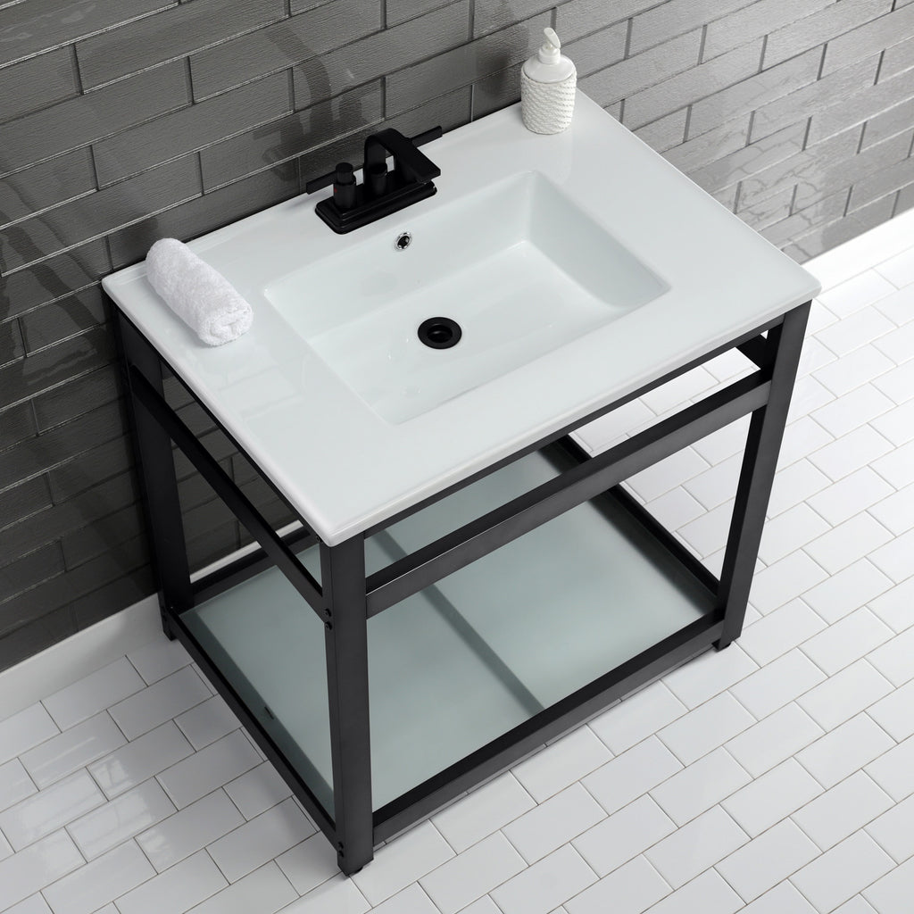 Quadras 31-Inch Ceramic Console Sink with Steel Base and Glass Shelf (4-Inch, 3-Hole)