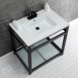 Quadras 31-Inch Ceramic Console Sink with Steel Base and Glass Shelf (4-Inch, 3-Hole)