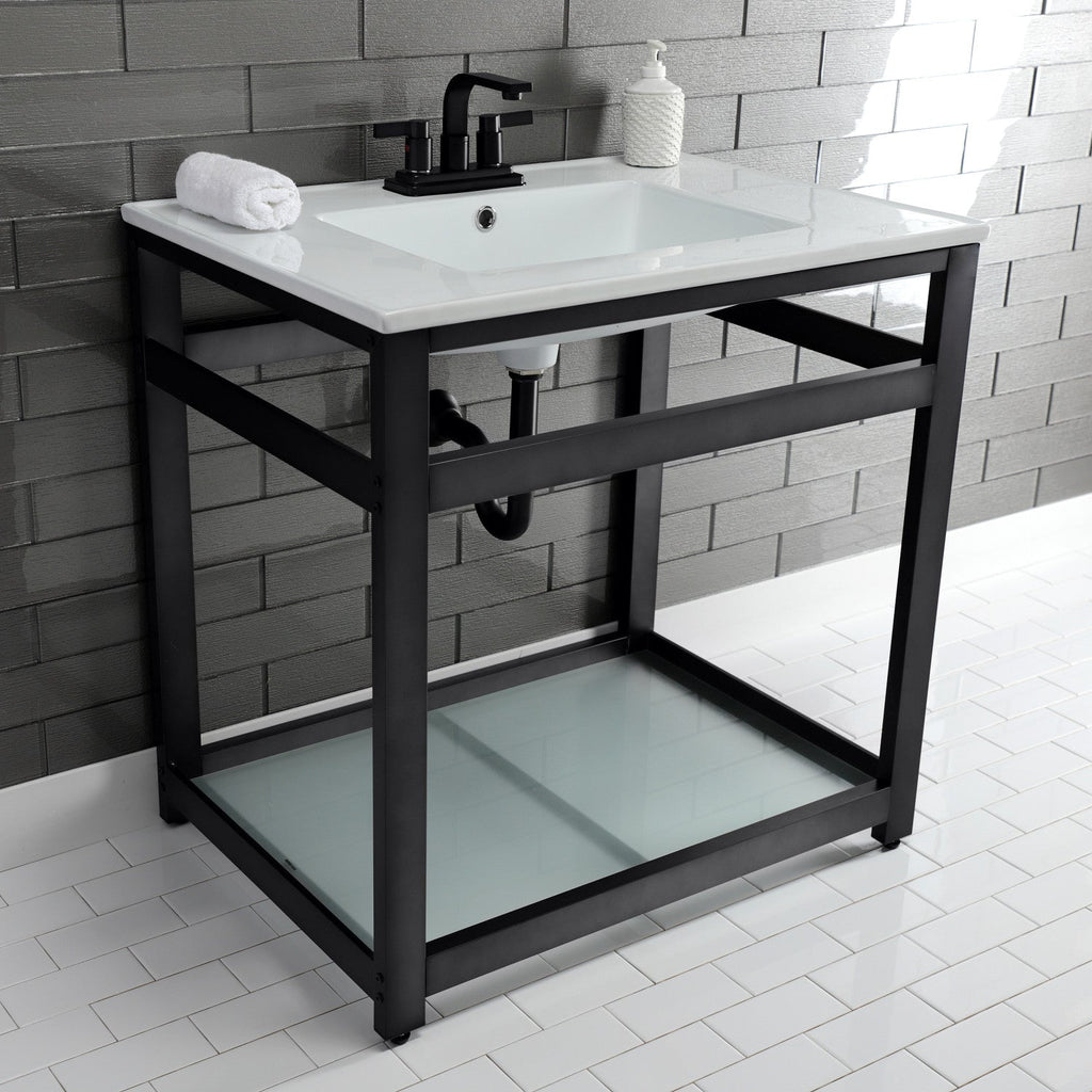 Quadras 31-Inch Ceramic Console Sink with Steel Base and Glass Shelf (4-Inch, 3-Hole)