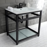 Quadras 31-Inch Ceramic Console Sink with Steel Base and Glass Shelf (4-Inch, 3-Hole)
