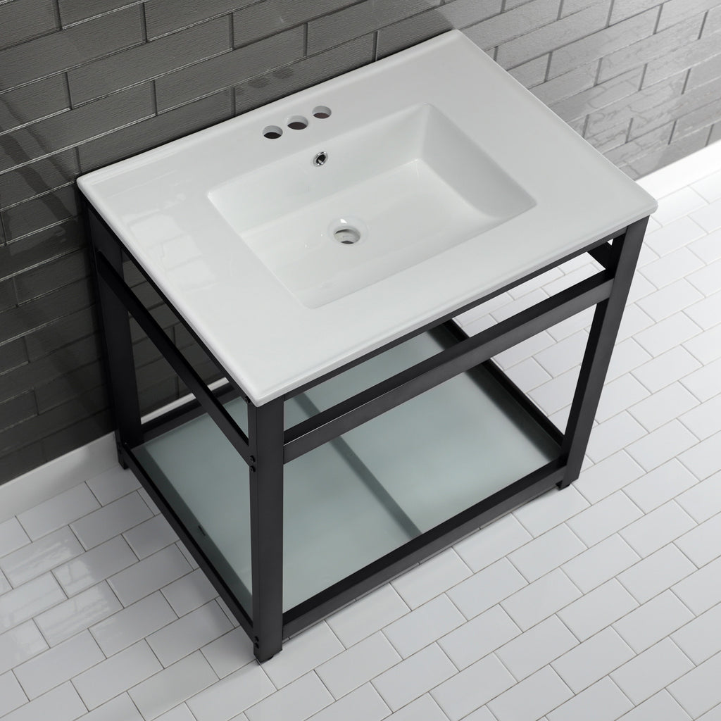 Quadras 31-Inch Ceramic Console Sink with Steel Base and Glass Shelf (4-Inch, 3-Hole)