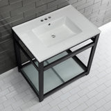 Quadras 31-Inch Ceramic Console Sink with Steel Base and Glass Shelf (4-Inch, 3-Hole)