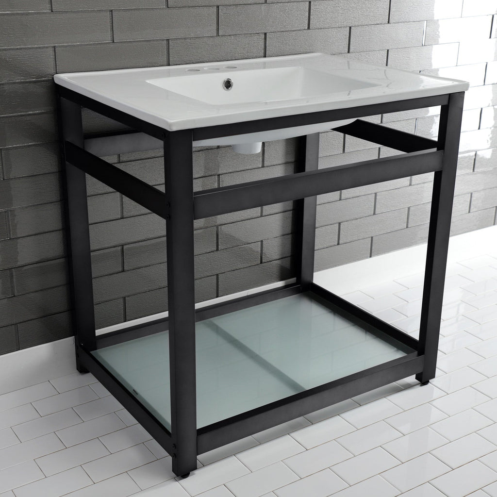 Quadras 31-Inch Ceramic Console Sink with Steel Base and Glass Shelf (4-Inch, 3-Hole)