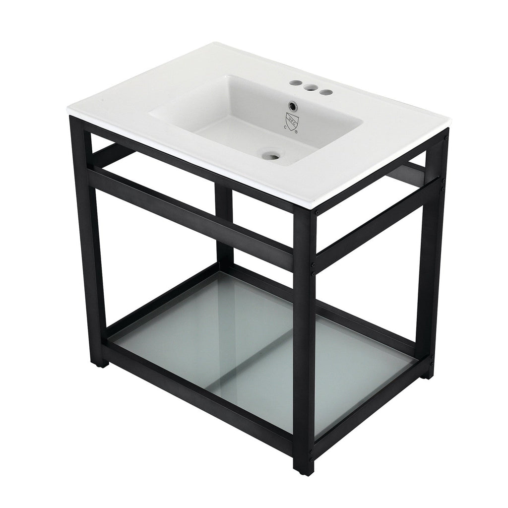 Quadras 31-Inch Ceramic Console Sink with Steel Base and Glass Shelf (4-Inch, 3-Hole)