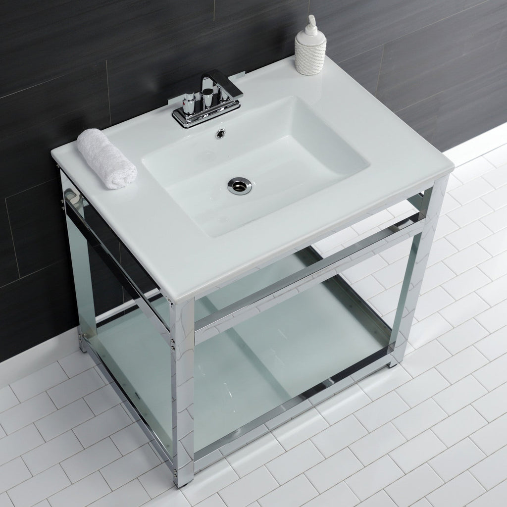 Quadras 31-Inch Ceramic Console Sink with Steel Base and Glass Shelf (4-Inch, 3-Hole)