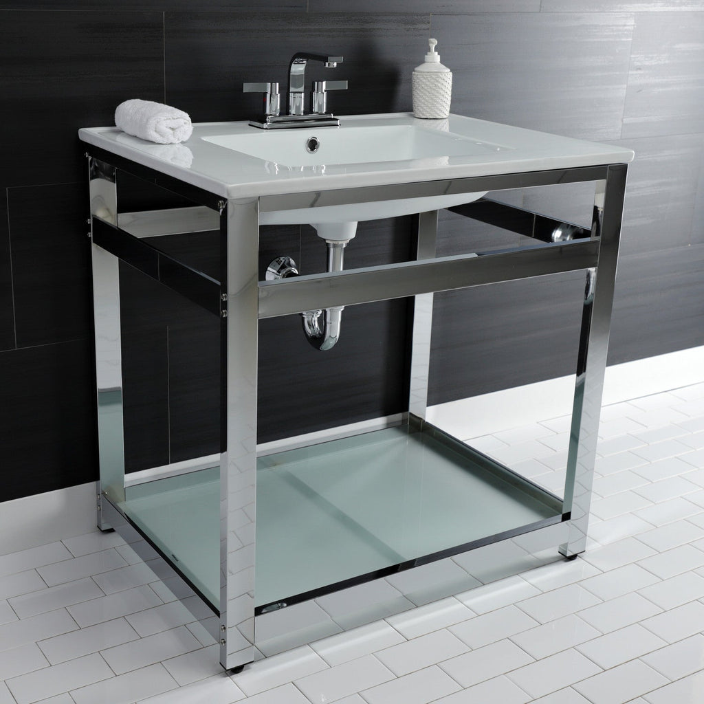 Quadras 31-Inch Ceramic Console Sink with Steel Base and Glass Shelf (4-Inch, 3-Hole)